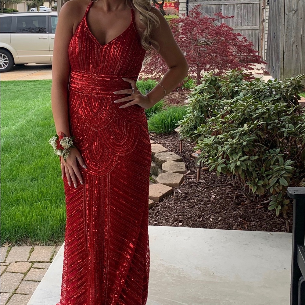 Red Beaded Camille La Vie Prom Dress